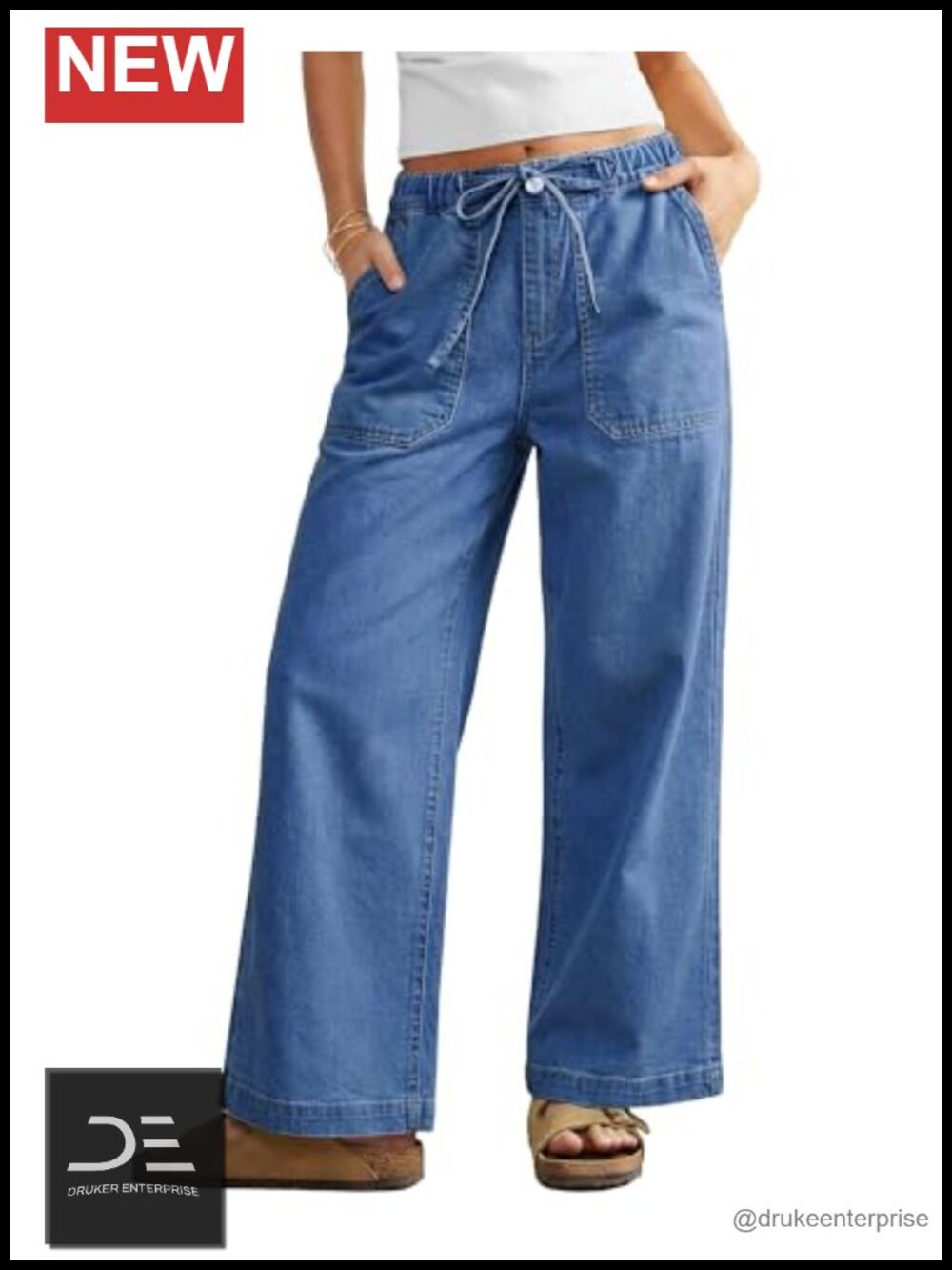 High Rise Wide Leg Jeans with Drawstring Waist Elastic Stretchy Denim Pants - Picture 1 of 6